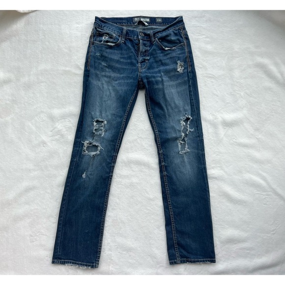 BKE Denim Jake Straight Leg Jeans Men's Size 33R Stretch Distressed Blue Stitch - Picture 1 of 13